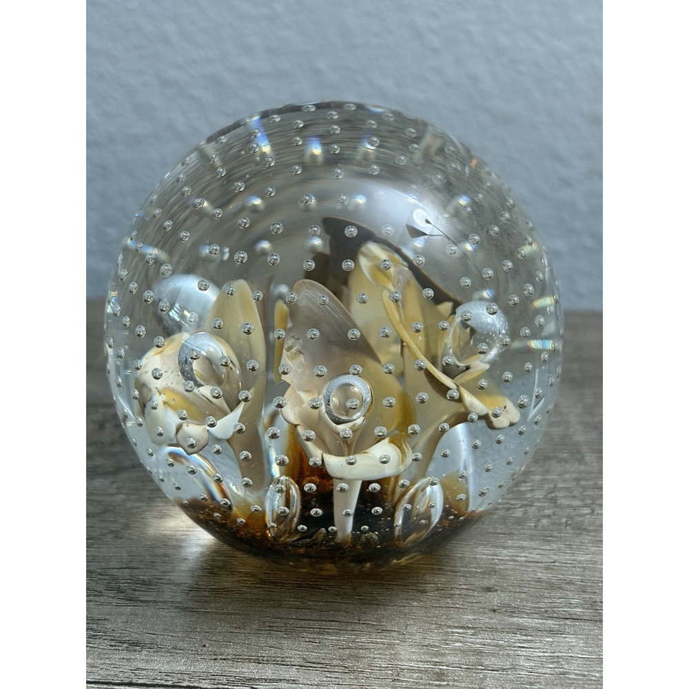 Vintage Joe St. Clair White Flower Glass Paperweight Controlled Bubbles 3" Art